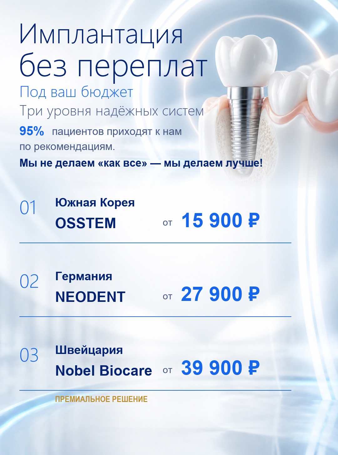 Имплантация без переплат: OSSTEM 15 900 ₽, NEODENT 27 900 ₽, Nobel Biocare 39 900 ₽